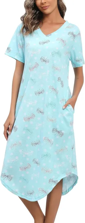 PNAEONG Women Short Sleeve Long Nightgown Soft Cotton Sleepwear Nightshirts Loungewear with Pockets