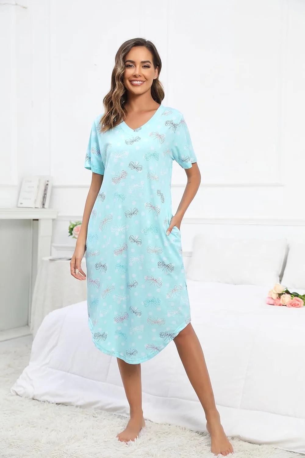 PNAEONG Women Short Sleeve Long Nightgown Soft Cotton Sleepwear Nightshirts Loungewear with Pockets