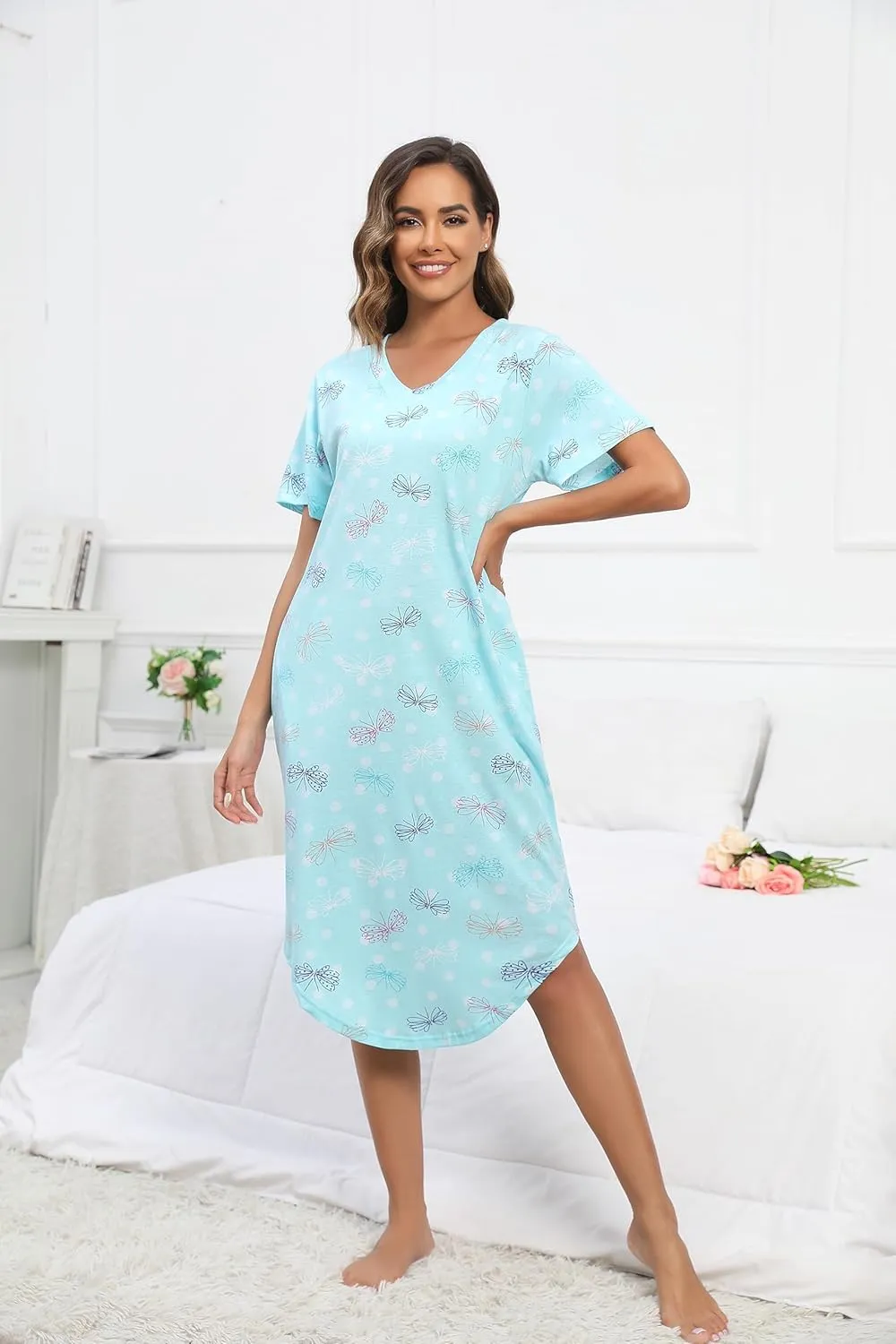 PNAEONG Women Short Sleeve Long Nightgown Soft Cotton Sleepwear Nightshirts Loungewear with Pockets