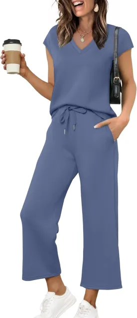 Saloogoe Two Piece Sets for Women Summer Outfits Lounge Sets V Neck Tops Wide Leg Pants Woman Vacation Travel Outfits