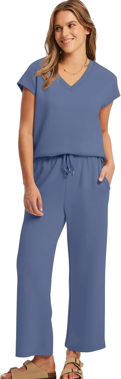 Saloogoe Two Piece Sets for Women Summer Outfits Lounge Sets V Neck Tops Wide Leg Pants Woman Vacation Travel Outfits