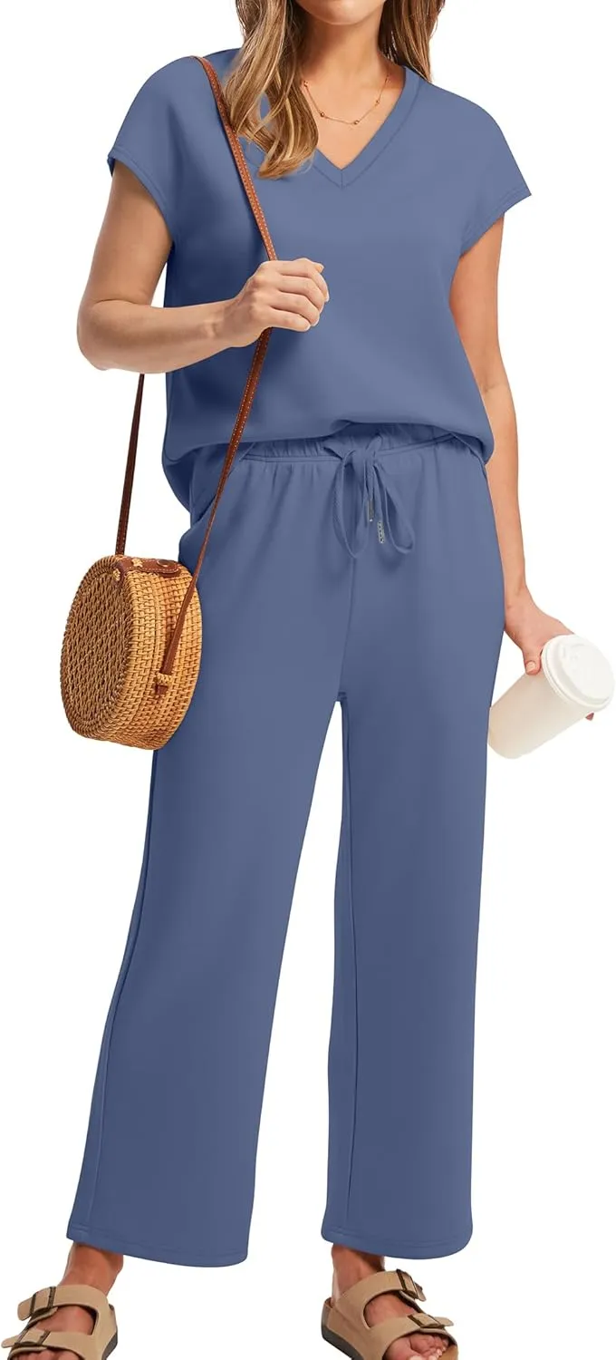Saloogoe Two Piece Sets for Women Summer Outfits Lounge Sets V Neck Tops Wide Leg Pants Woman Vacation Travel Outfits