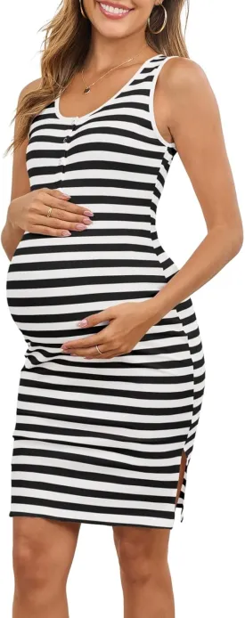 Sleeveless Maternity Nursing Dress Button Knit Split Bodycon Breastfeeding Baby Shower Dresses