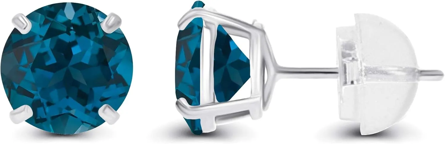Solid 14K Yellow or White or Rose Gold 6mm Round Genuine Birthstone Gemstone Prong Set Stud Earrings For Women
