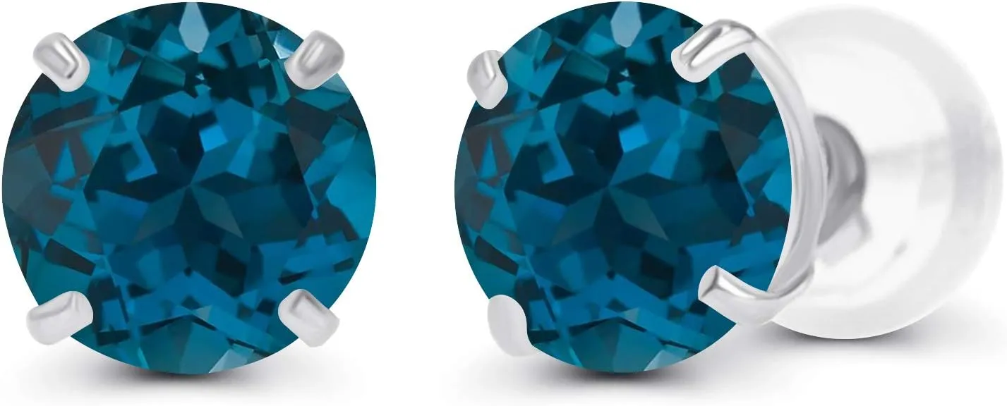 Solid 14K Yellow or White or Rose Gold 6mm Round Genuine Birthstone Gemstone Prong Set Stud Earrings For Women