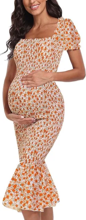 Spring Long Puff Sleeve Maternity Dress Floral Ruffle Hem Mermaid Baby Shower/Photoshoot Dress