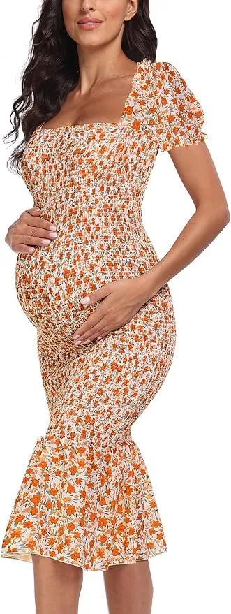 Spring Long Puff Sleeve Maternity Dress Floral Ruffle Hem Mermaid Baby Shower/Photoshoot Dress
