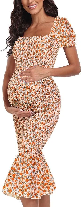 Spring Long Puff Sleeve Maternity Dress Floral Ruffle Hem Mermaid Baby Shower/Photoshoot Dress