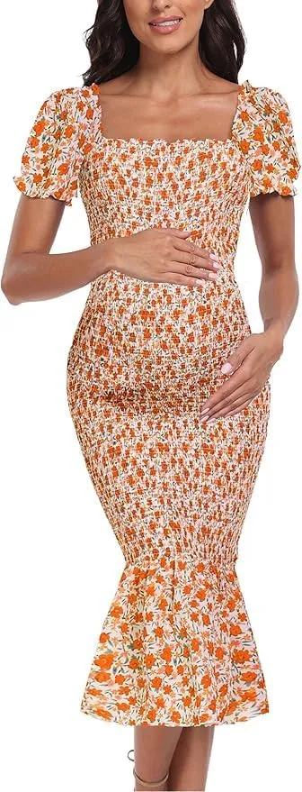 Spring Long Puff Sleeve Maternity Dress Floral Ruffle Hem Mermaid Baby Shower/Photoshoot Dress