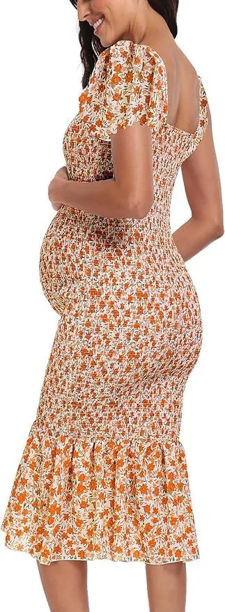 Spring Long Puff Sleeve Maternity Dress Floral Ruffle Hem Mermaid Baby Shower/Photoshoot Dress