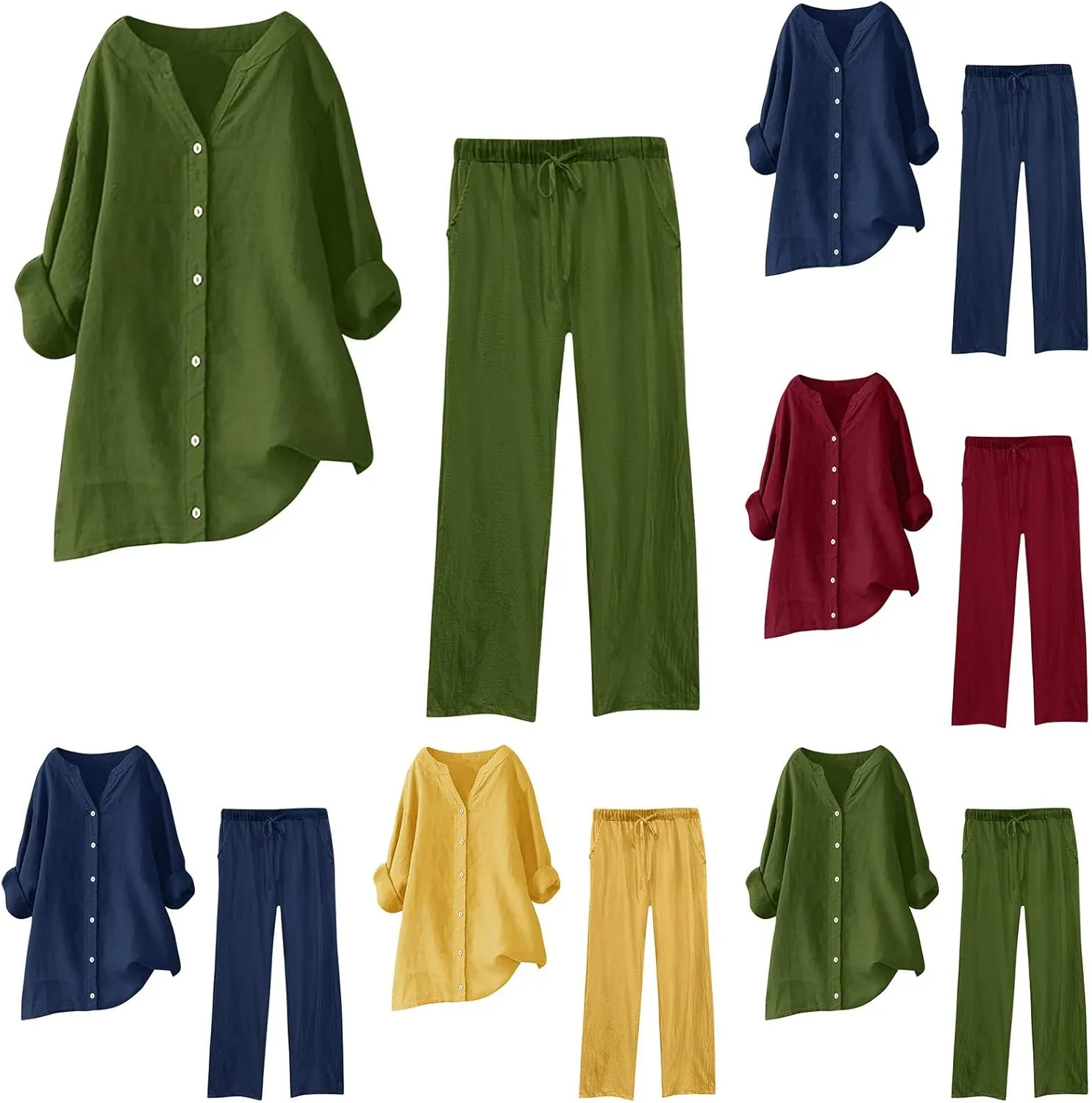 TIMIFIS Linen Outfits Women Plus Size 2 Piece Lounge Sets Long Sleeve Tops Loose Fit Long Pants Sweatsuits Tracksuits