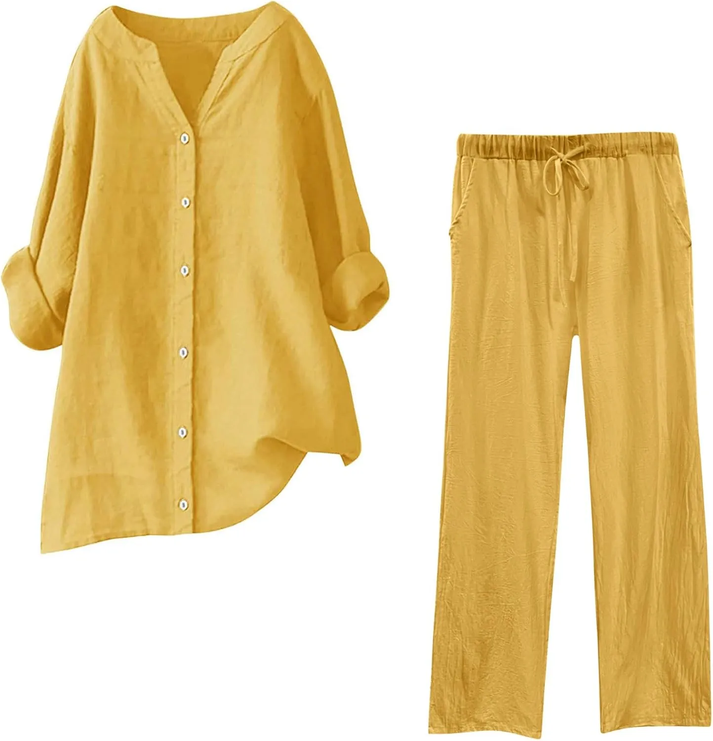 TIMIFIS Linen Outfits Women Plus Size 2 Piece Lounge Sets Long Sleeve Tops Loose Fit Long Pants Sweatsuits Tracksuits