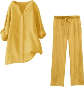 TIMIFIS Linen Outfits Women Plus Size 2 Piece Lounge Sets Long Sleeve Tops Loose Fit Long Pants Sweatsuits Tracksuits