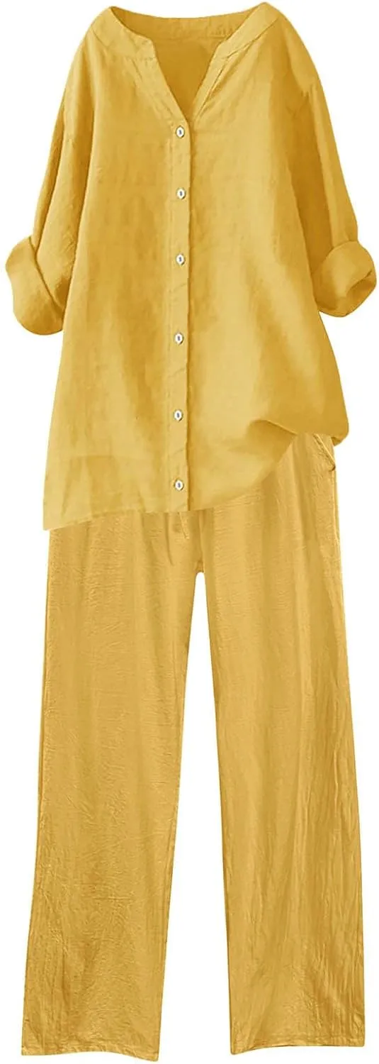 TIMIFIS Linen Outfits Women Plus Size 2 Piece Lounge Sets Long Sleeve Tops Loose Fit Long Pants Sweatsuits Tracksuits