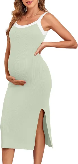 V FOR CITY Maternity Dresses Sleeveless Rib Knit Slit Baby Shower Dress Casual Square Neck Bodycon Pregnancy Outfits