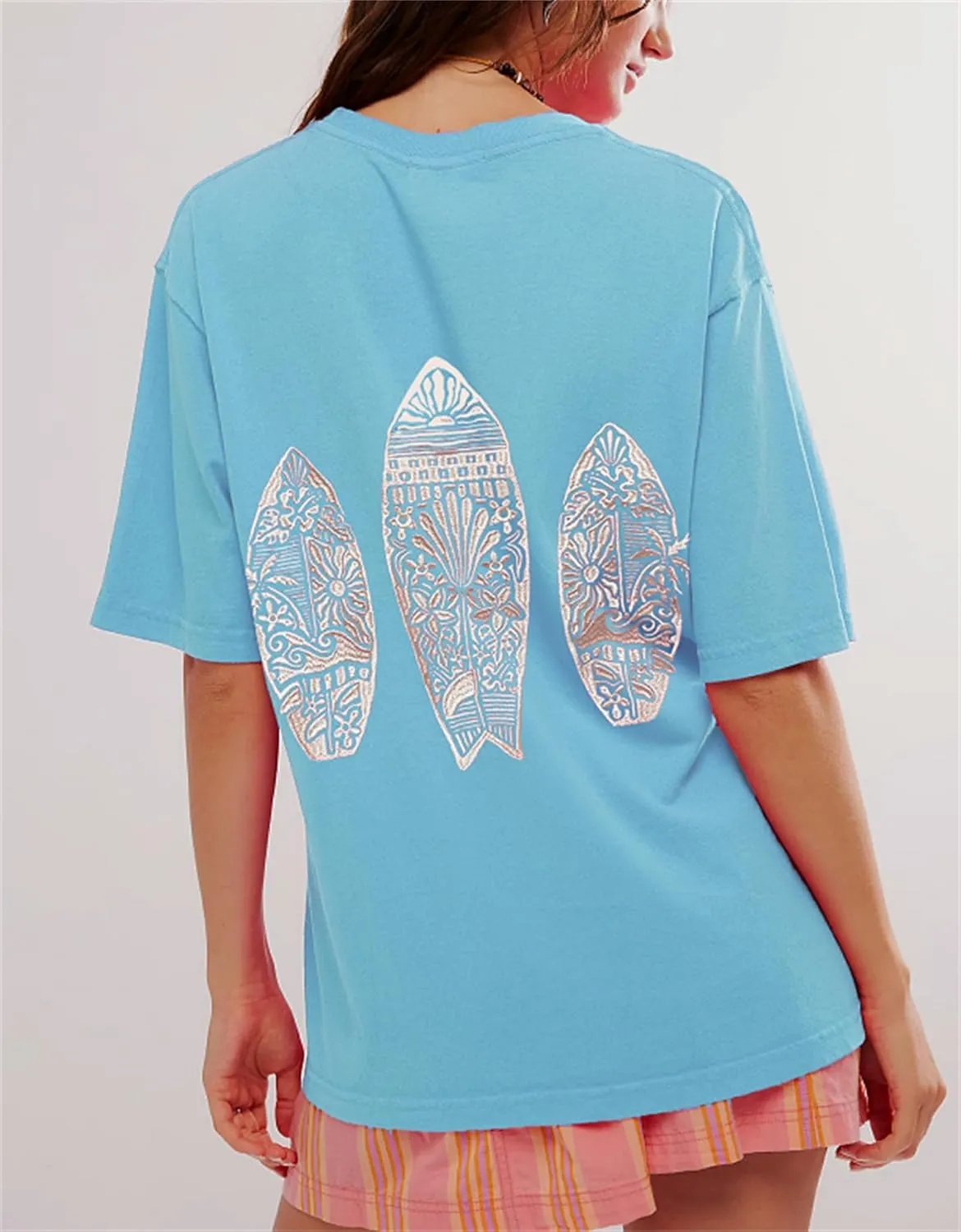 Women Y2k Embroidered Graphic Tees Preppy Teen Girls Short Sleeve Oversized Summer T-Shirt Coastal Beach Tops
