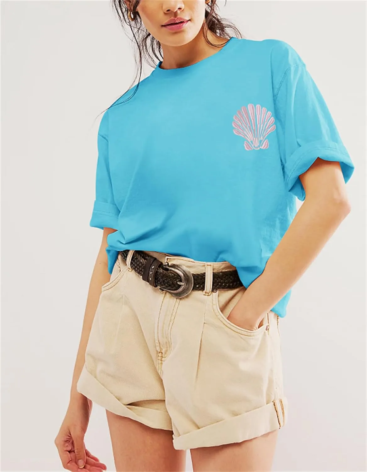 Women Y2k Embroidered Graphic Tees Preppy Teen Girls Short Sleeve Oversized Summer T-Shirt Coastal Beach Tops