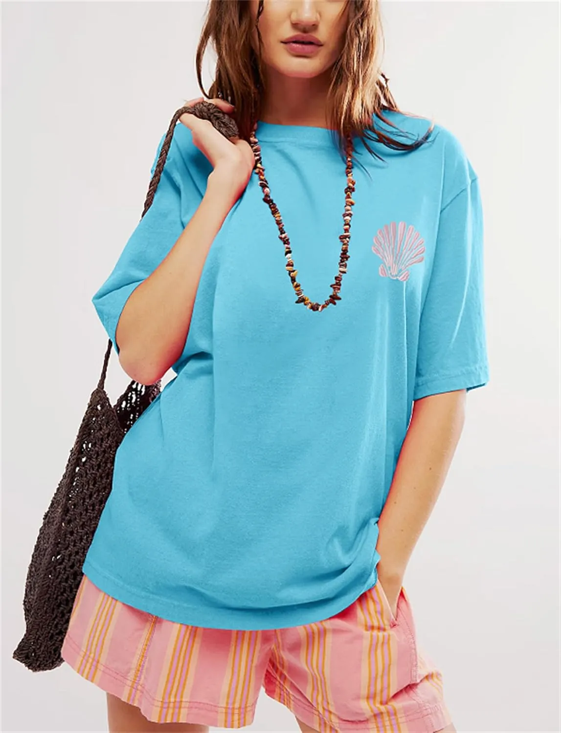 Women Y2k Embroidered Graphic Tees Preppy Teen Girls Short Sleeve Oversized Summer T-Shirt Coastal Beach Tops