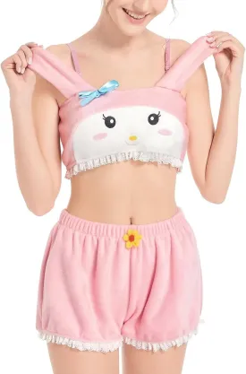 Womens Kawaii Anime Pajama Sets Shorts and Tube Top Loungewear Fuzzy Pajamas Cartoon Sleepwear Furry Lingerie