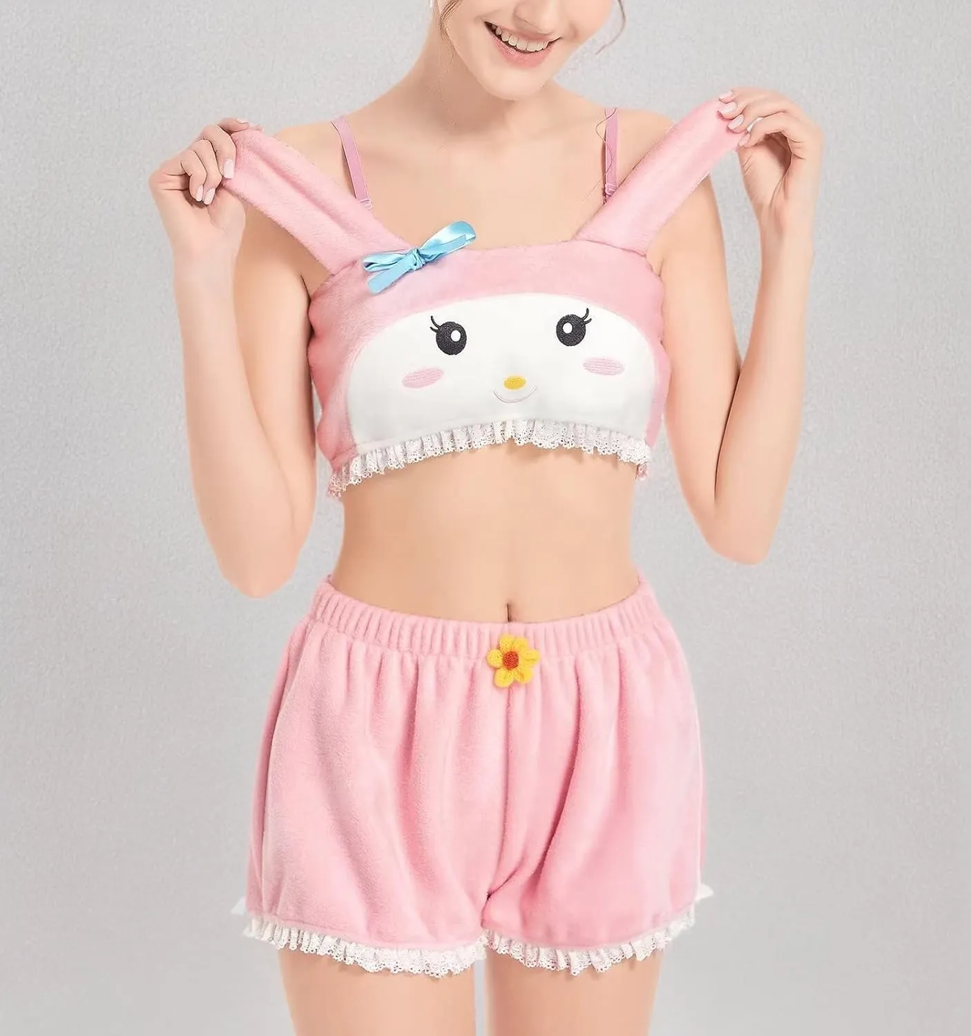 Womens Kawaii Anime Pajama Sets Shorts and Tube Top Loungewear Fuzzy Pajamas Cartoon Sleepwear Furry Lingerie