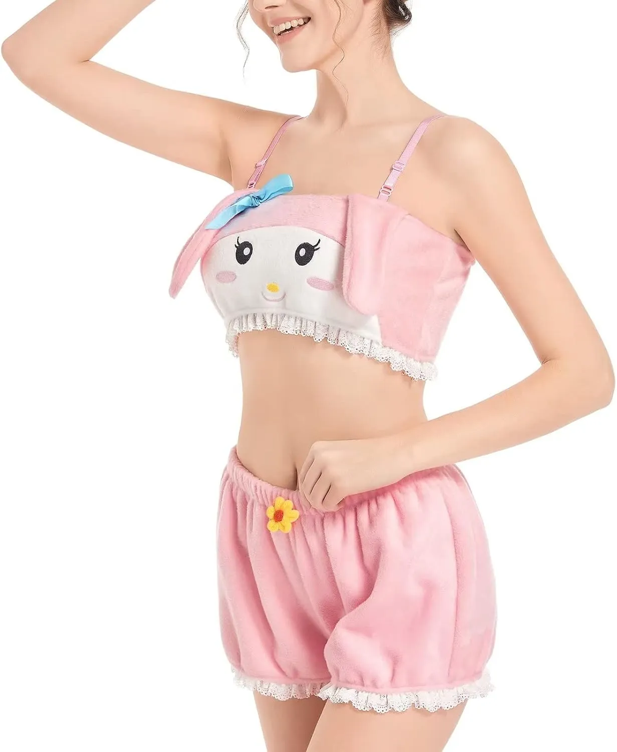 Womens Kawaii Anime Pajama Sets Shorts and Tube Top Loungewear Fuzzy Pajamas Cartoon Sleepwear Furry Lingerie