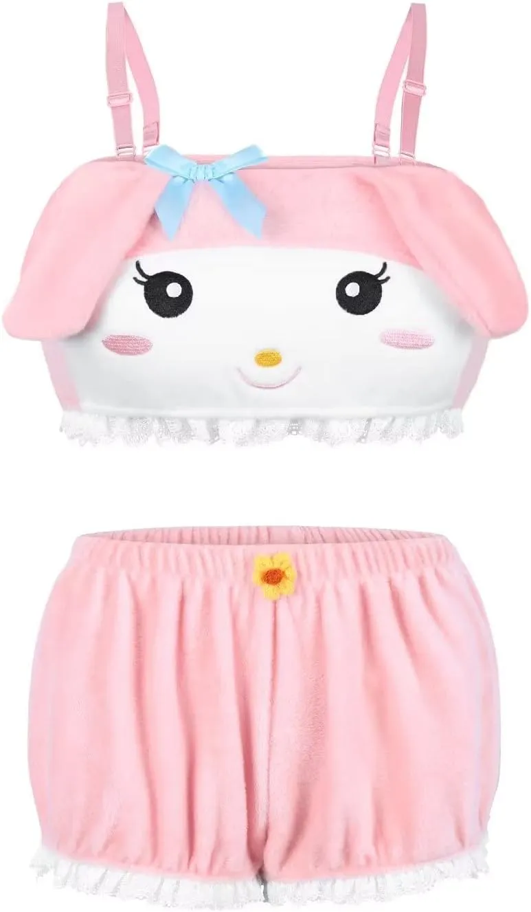 Womens Kawaii Anime Pajama Sets Shorts and Tube Top Loungewear Fuzzy Pajamas Cartoon Sleepwear Furry Lingerie