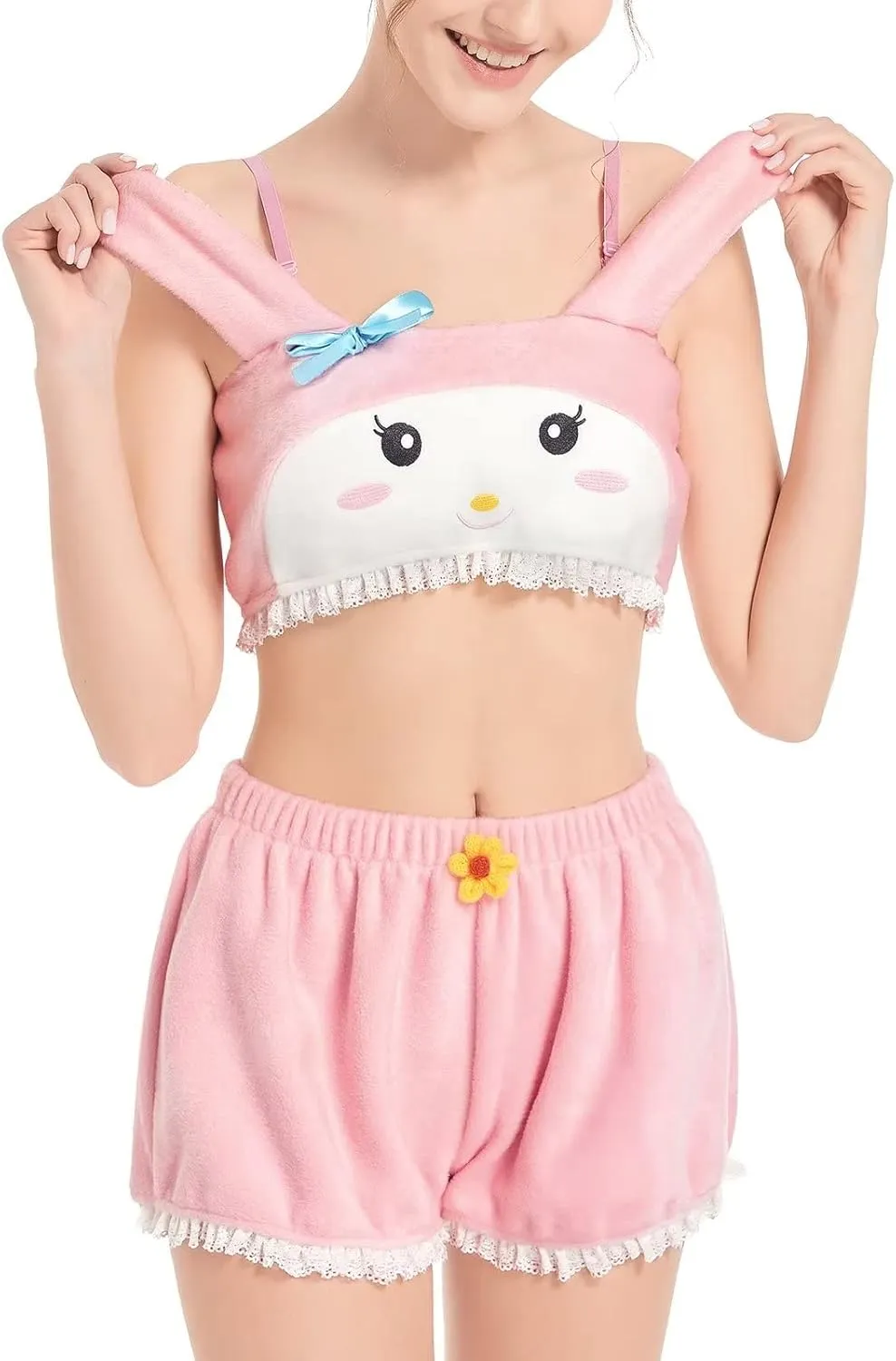 Womens Kawaii Anime Pajama Sets Shorts and Tube Top Loungewear Fuzzy Pajamas Cartoon Sleepwear Furry Lingerie
