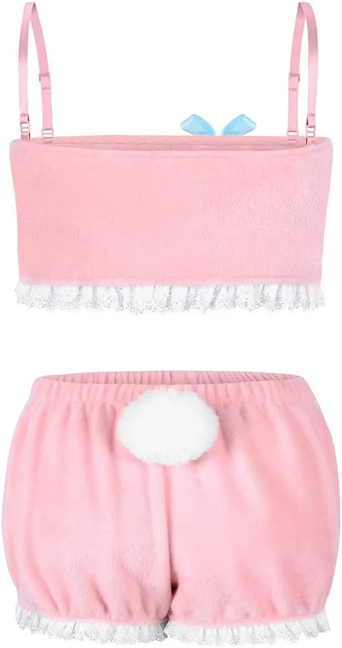 Womens Kawaii Anime Pajama Sets Shorts and Tube Top Loungewear Fuzzy Pajamas Cartoon Sleepwear Furry Lingerie