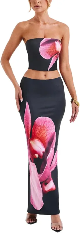 Womens Summer Maxi Skirt Outfits Floral Print Tube Top Maxi Skirts Vacation Going Out Outfits