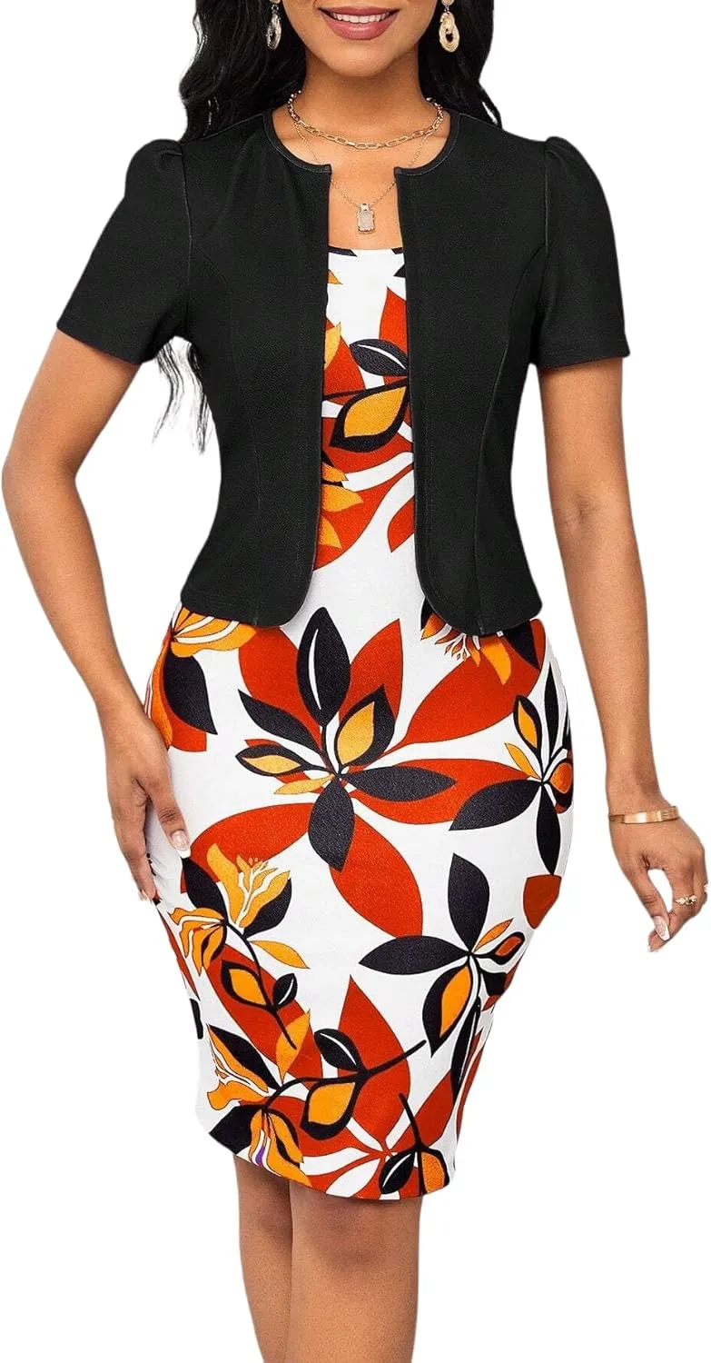 Womens Summer Sexy Two Piece Suit Set Dress Crew Neck Short Sleeves Print Pencil Bodycon Work Office Fashion Outfits