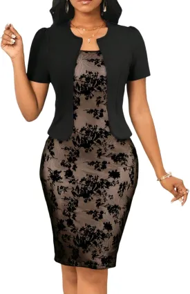 Womens Summer Sexy Two Piece Suit Set Dress Crew Neck Short Sleeves Print Pencil Bodycon Work Office Fashion Outfits