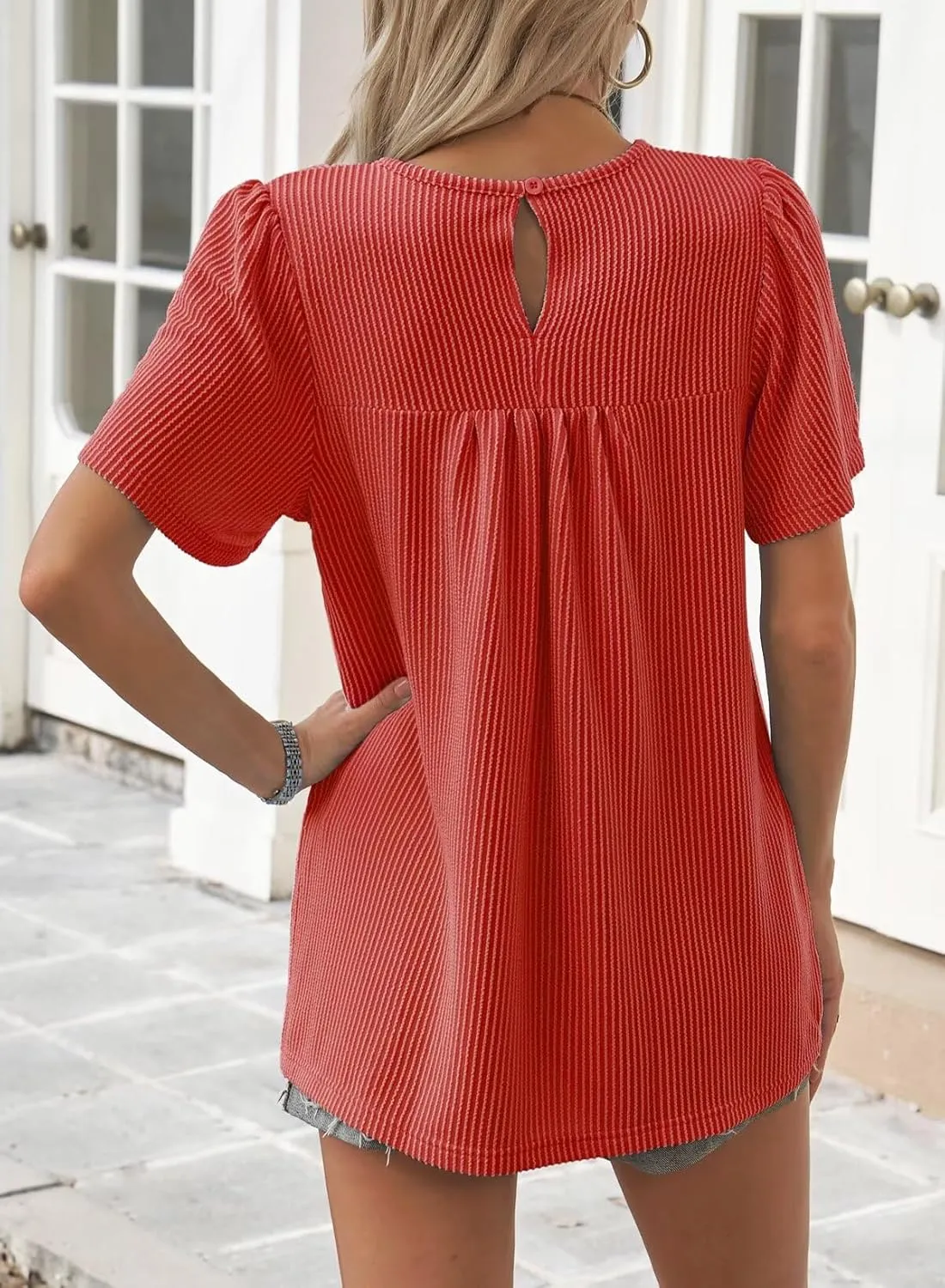 Womens Summer Tops Crewneck Short Sleeve Striped Shirts Casual Ribbed Blouses Flowy Hem Boho Clothing 2025