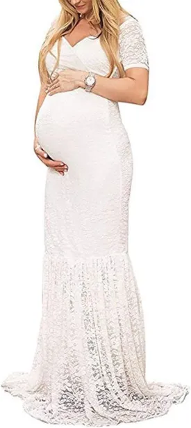 ZIUMUDY Womens Off Shoulder Short Sleeve V Neck Lace Maternity Gown Maxi Photography Dress