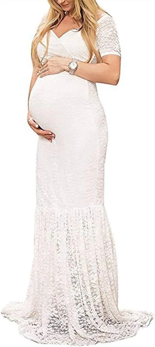 ZIUMUDY Womens Off Shoulder Short Sleeve V Neck Lace Maternity Gown Maxi Photography Dress