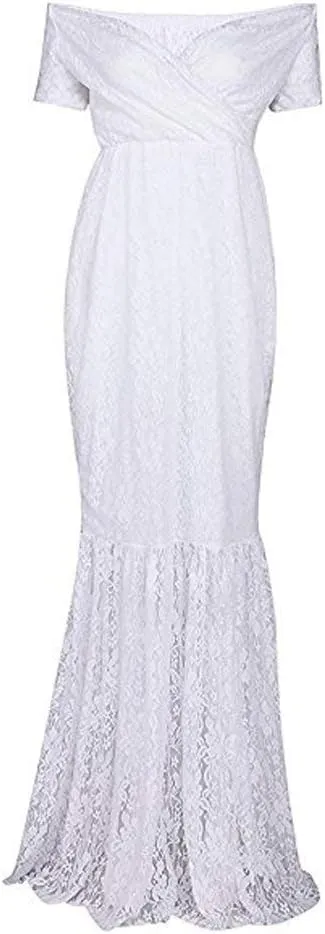 ZIUMUDY Womens Off Shoulder Short Sleeve V Neck Lace Maternity Gown Maxi Photography Dress