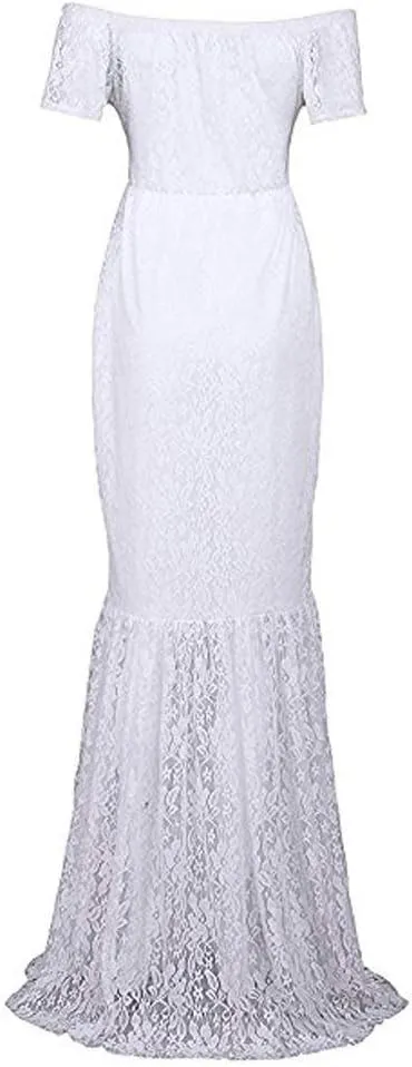 ZIUMUDY Womens Off Shoulder Short Sleeve V Neck Lace Maternity Gown Maxi Photography Dress